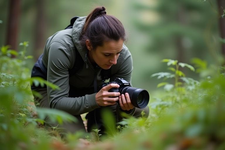Fotógrafo con equipo macro en el campo, enfocándose en un pequeño insecto.