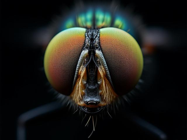 Ojo compuesto detallado de una mosca, colores iridiscentes.