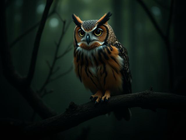 Búho de ojos grandes posado en una rama en un bosque oscuro.