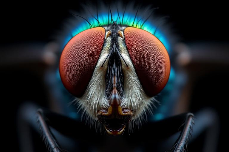 Primer plano de los ojos facetados de una mosca, con colores vibrantes.