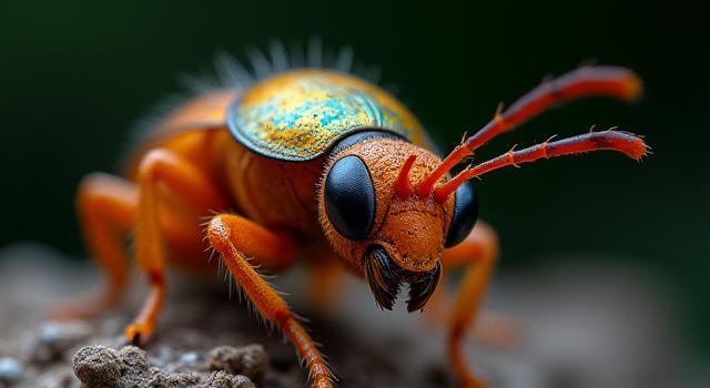 Imagen editada de insecto con iluminación dramática, colores vibrantes y detalles realzados.